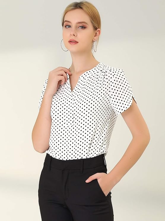 Women's Polka Dots Print V Neck Short Sleeve Elegant Work Office Tops