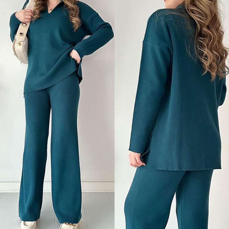 Solid Color Fashion Lapel Loose Casual Sweater Two-piece Set