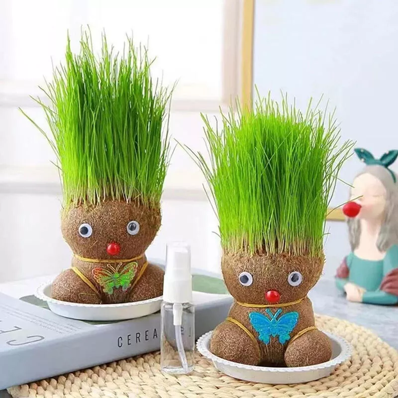 🧸Mini Grass Head Doll Small Potted Plant Watering Green Plants 🪴