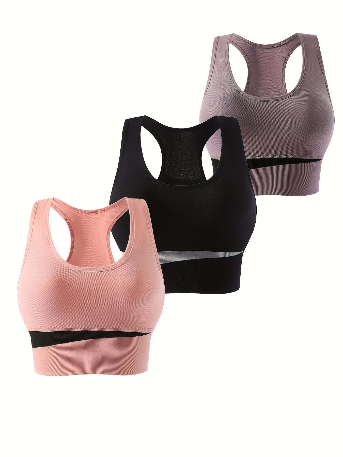 3ks športové podprsenky Colorblock, pohodlná a priedušná bezdrôtová podprsenka Racer back, dámska spodná bielizeň a spodná bielizeň
