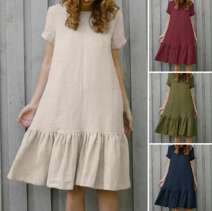 2024 Ladies Loose Slim Short Sleeve Round Neck Cotton and Linen Shirt Dress