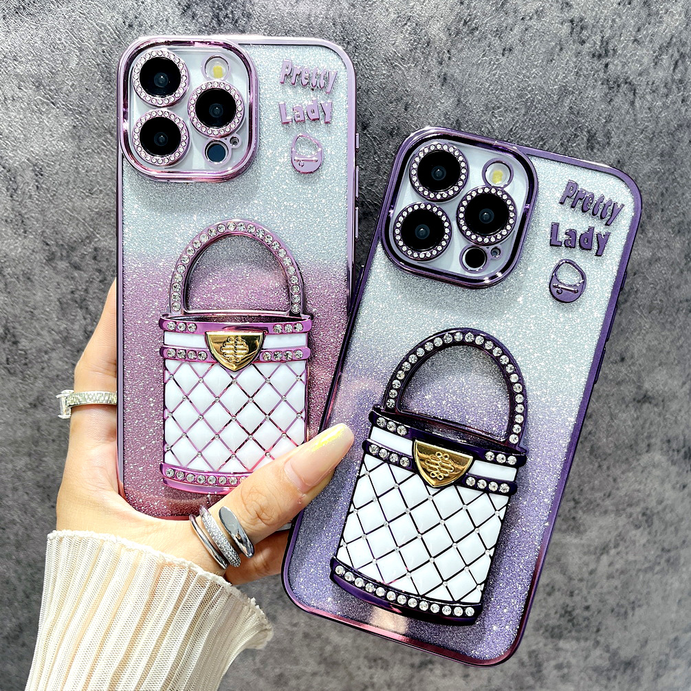Electroplated Rhinestone Glitter Bag Holder Mirror Case for iPhone 16 15 14 13 12 11 Series