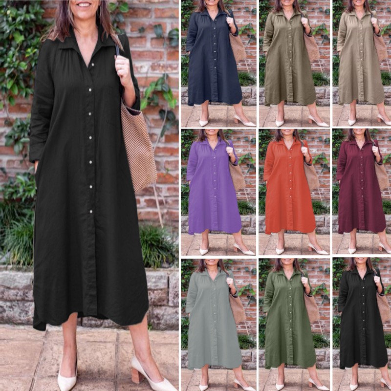 2024 Ladies Shirt Collar Long Sleeve Elegant Simple Loose Cardigan Long Pocket Dress