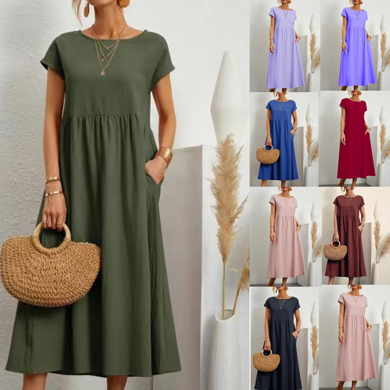 2024 Women's Solid Color Sleeveless Loose Cotton and Linen Pocket Dress