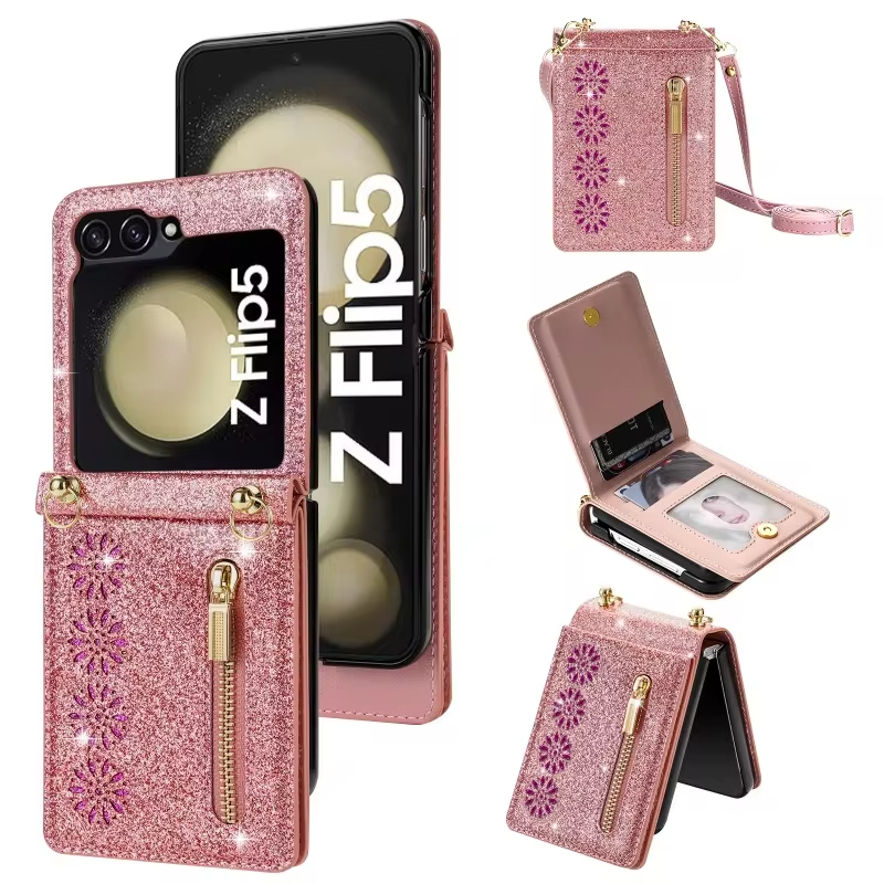 Crossbody Glitter Zipper Wallet Phone Case for Samsung Galaxy Z Flip 6 5 4 3