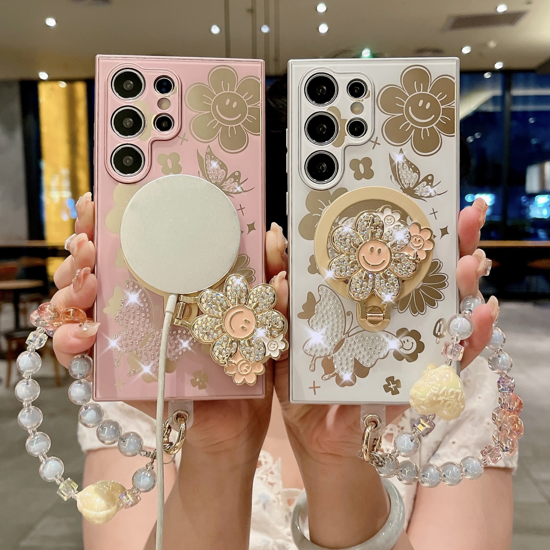 Rhinestone Smiling Sunflower Magnetic Holder Phone Case for Samsung Galaxy S24 S23 