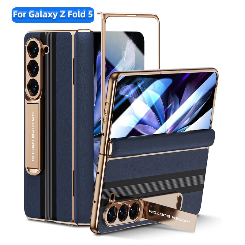 Luxury Genuine Leather Plating Stand Men's Protective Case with Screen Protector For Samsung Galaxy Z Fold 5