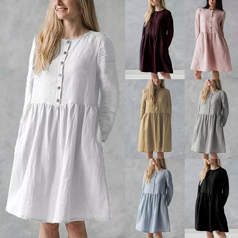 2024 Women's Fashion Casual Round Neck Pocket Button Cotton and Linen Dress