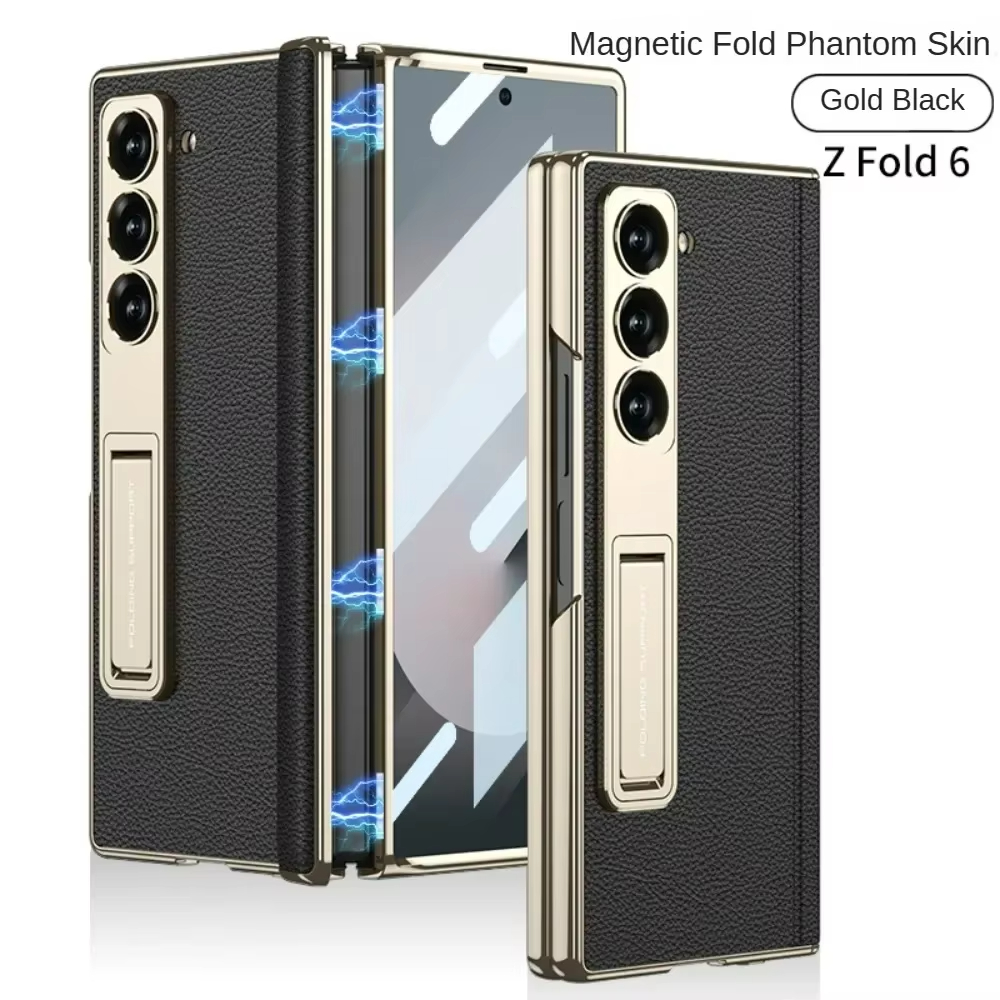 LLuxury Electroplated Matte Leather Bracket Magnetic Folding Hinge Case for Samsung Galaxy Z Fold 6 with Tempered Film Hard Cover