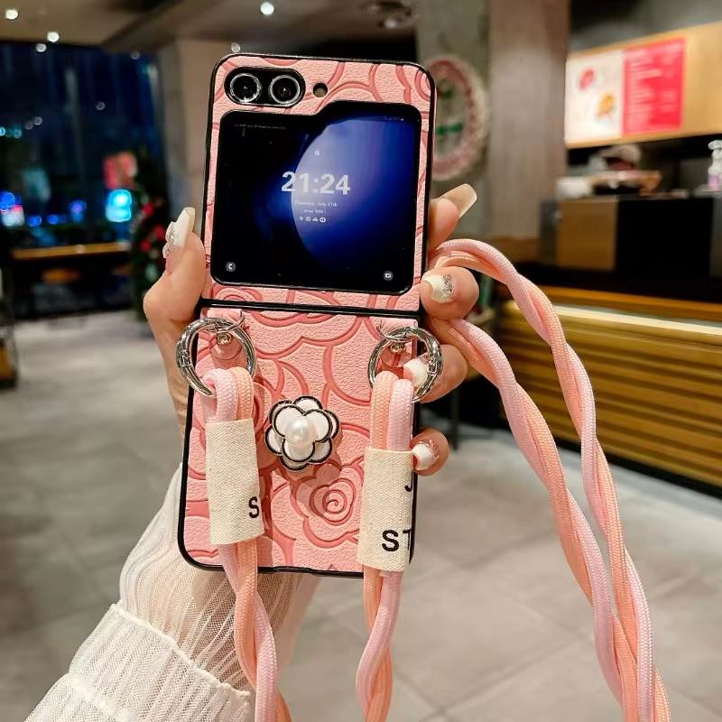 Crossbody Leather Flower Phone Case for Samsung Galaxy Z Flip 5 4 3