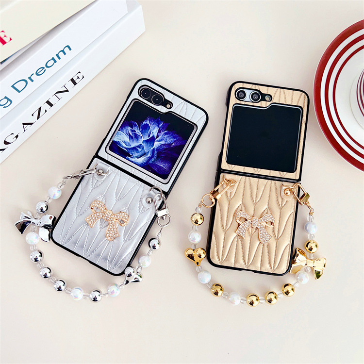 Luxury Lambskin Wrist Chain Phone Case for Samsung Galaxy Z Flip 5/4/3 