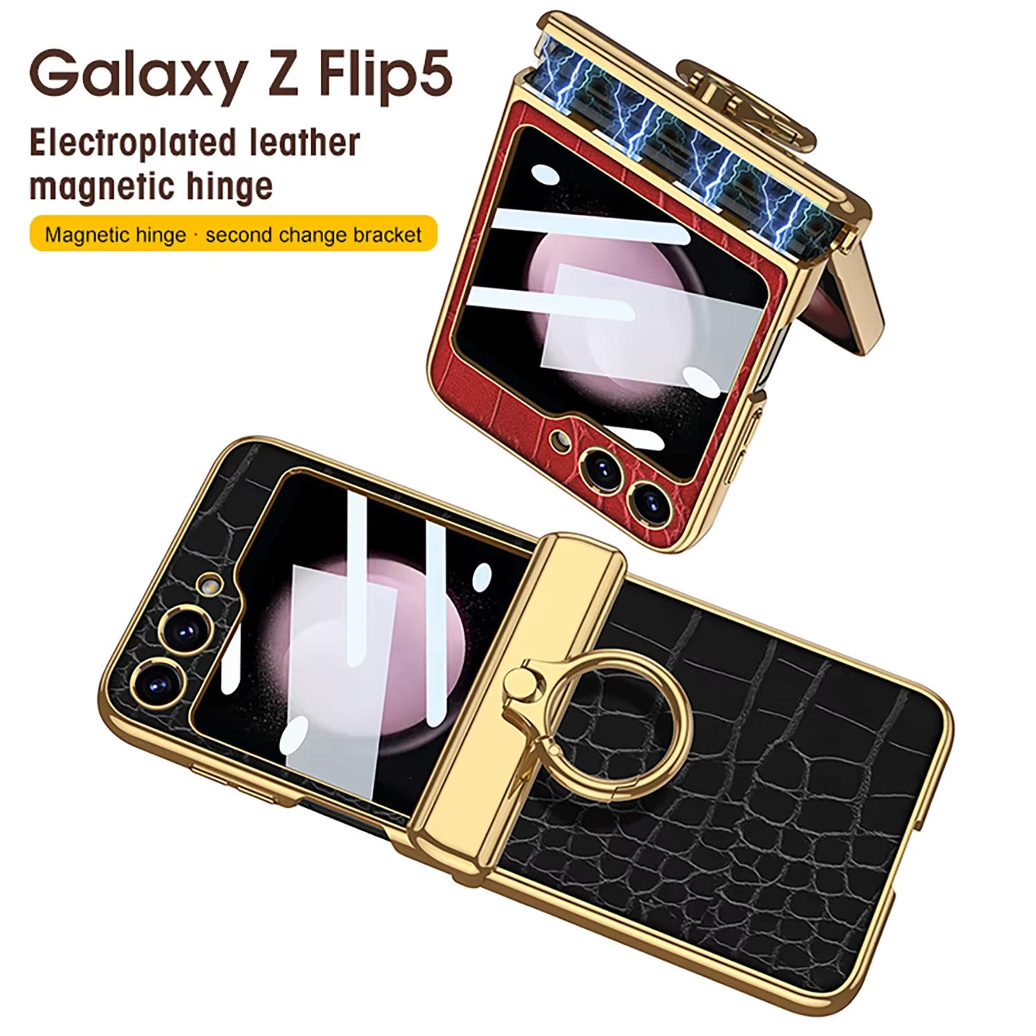 Electroplating Crocodile Skin PU Leather Ring Phone Case for Samsung Galaxy Z Flip 5 