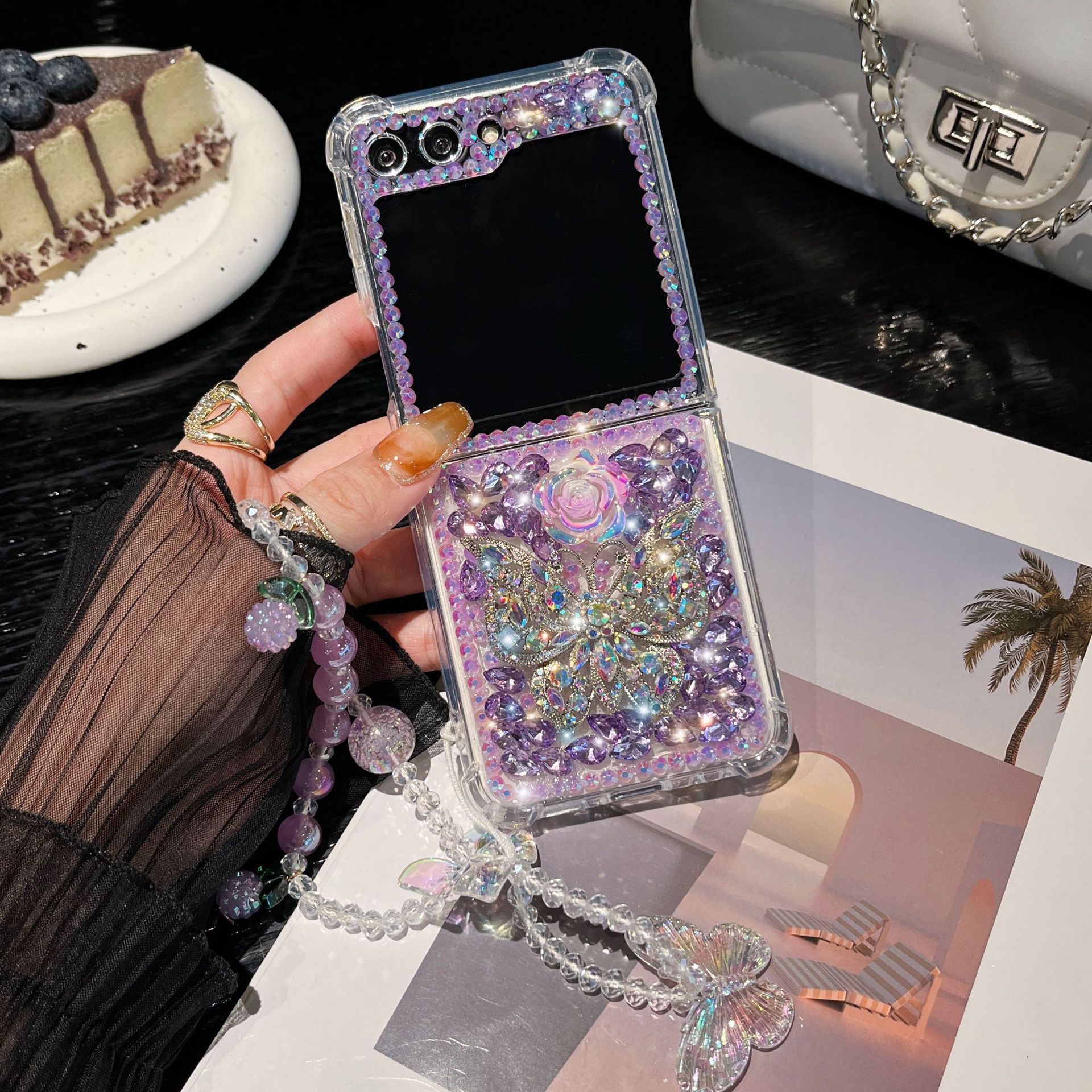 Butterfly Flower Full Diamond Bracelet Phone Case for Samsung Galaxy Z Flip 6 5 4 3