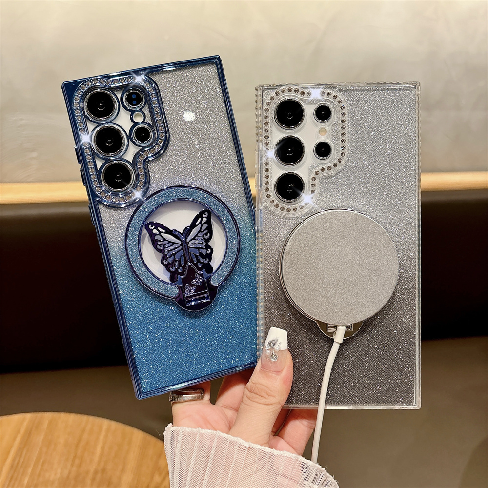 Glitter Diamond Butterfly Bracket Magnetic Case for Samsung Galaxy S24 Ultra S23 S22 Plus A55 A15 A35 A54 A53