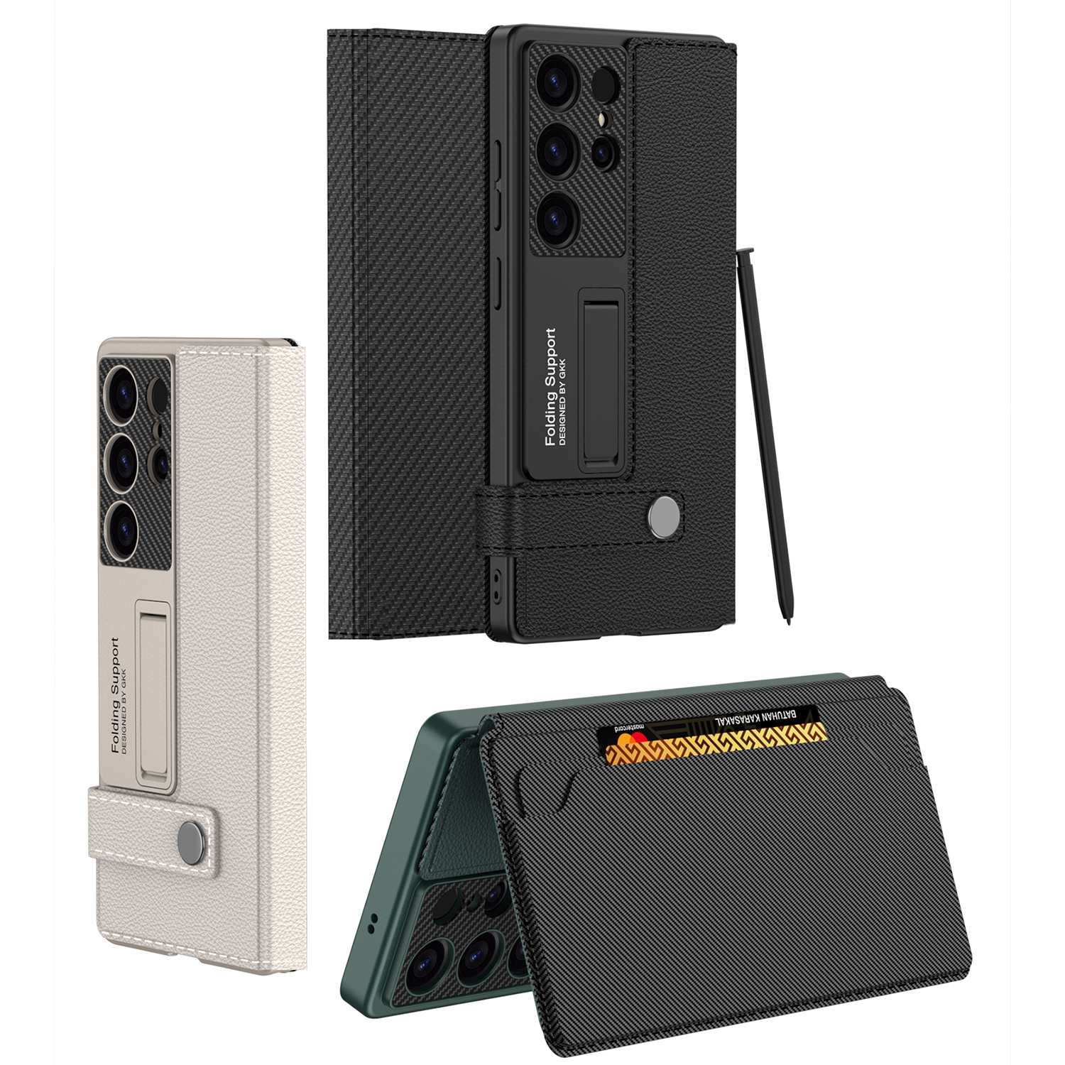 Carbon Fiber Bracket Shockproof Leather Wallet Phone Case For Samsung Galaxy S25/S24/S23 Ultra