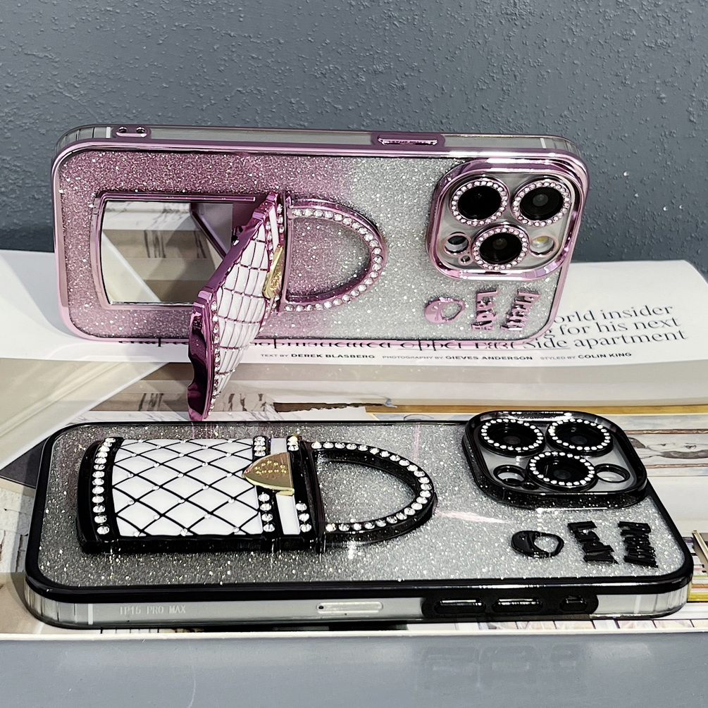 Electroplated Rhinestone Glitter Bag Holder Mirror Case for iPhone 16 15 14 13 12 11 Series
