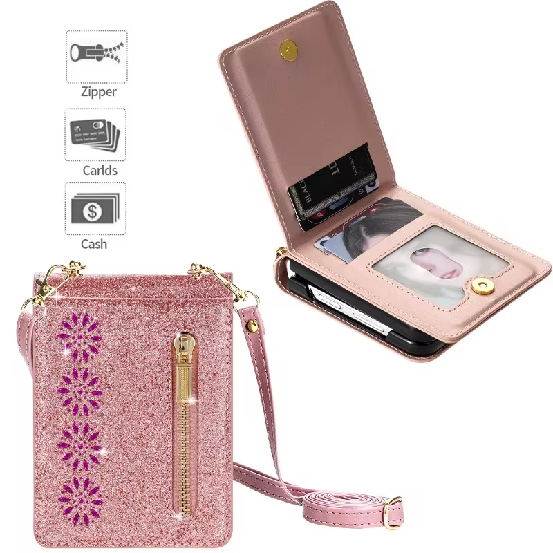 Crossbody Glitter Zipper Wallet Phone Case for Samsung Galaxy Z Flip 6 5 4 3