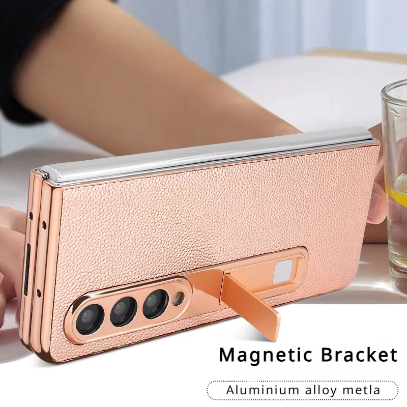 Luxury Leather Golden Plated Phone Case  With Hidden Bracket for Samsung Galaxy Z Fold 5/4/3