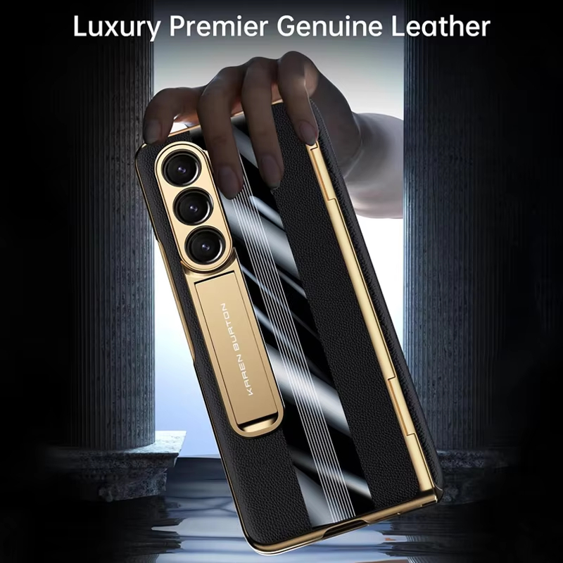 Luxury Genuine Leather Plating Stand Men's Protective Case with Screen Protector For Samsung Galaxy Z Fold 5