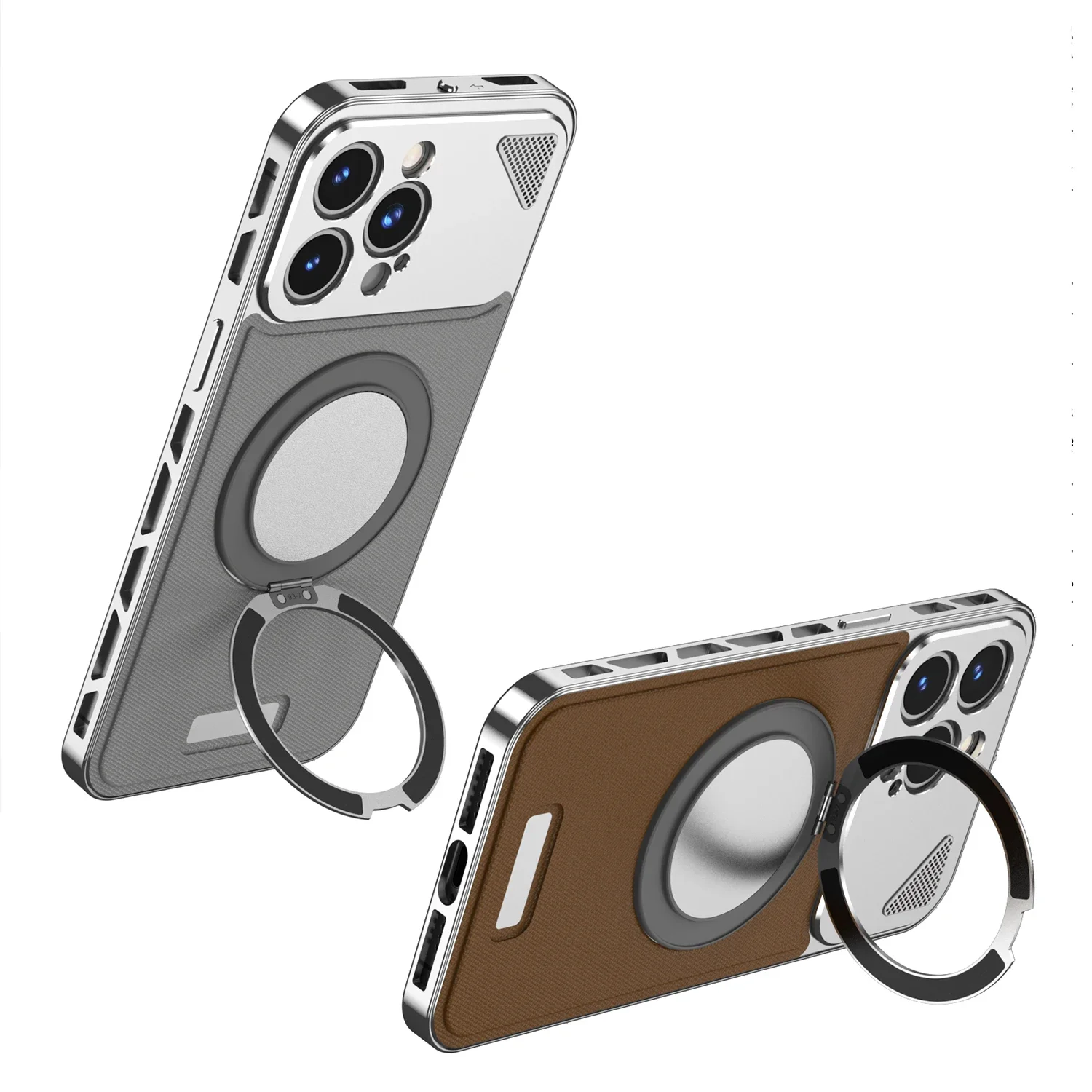 360° Rotating Stand Hollow Frame Luxury Aluminum Snap Phone Case For iPhone 15 14 13 Series