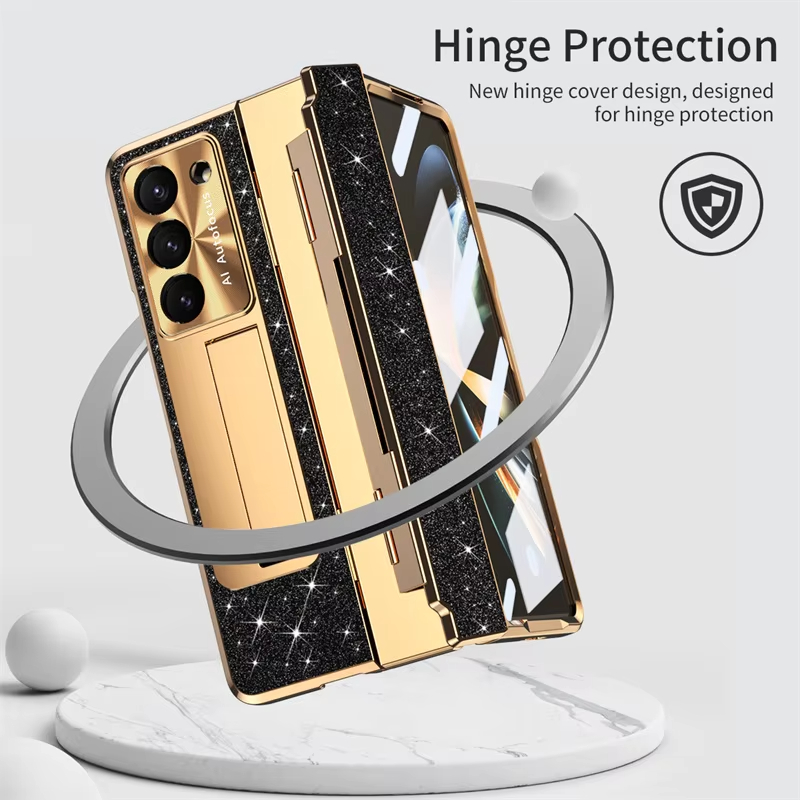 Leather Sparkle Magnetic Plating Hinge Phone Case With Screen Protector For Samsung Galaxy Z Fold 5/4/3