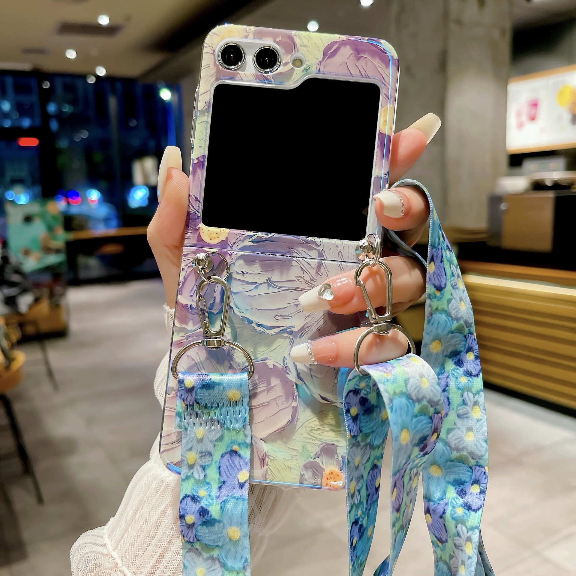 Blue Light Oil Painting Flowers Glitter Case for Samsung Galaxy Z Flip5/4/3 