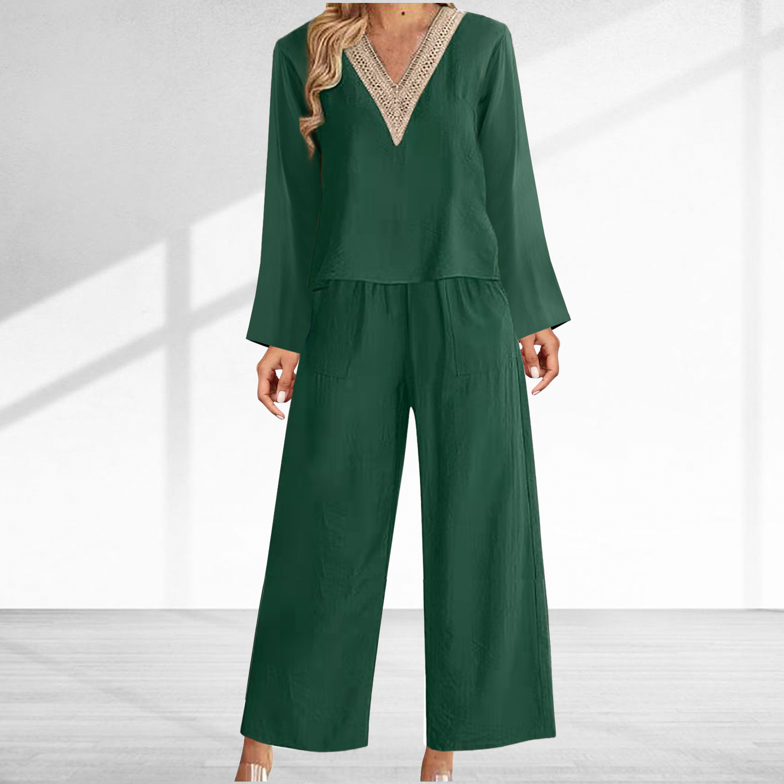 2024 spring and summer new V-neck cotton and linen casual women's long-sleeved trousers suit