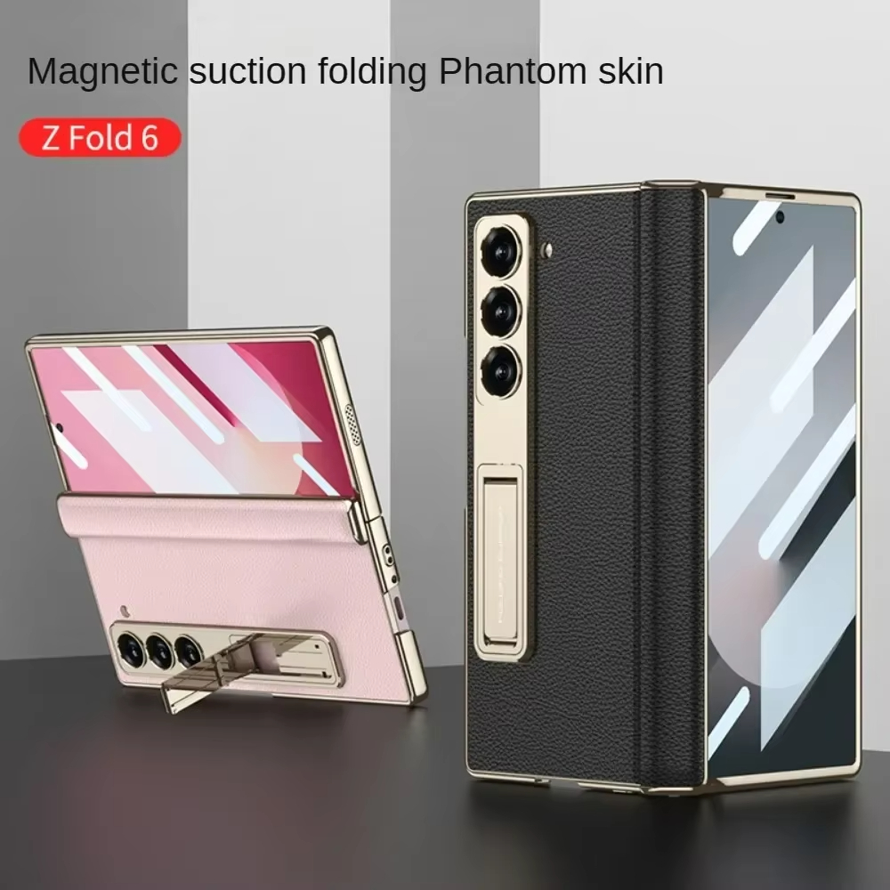 LLuxury Electroplated Matte Leather Bracket Magnetic Folding Hinge Case for Samsung Galaxy Z Fold 6 with Tempered Film Hard Cover
