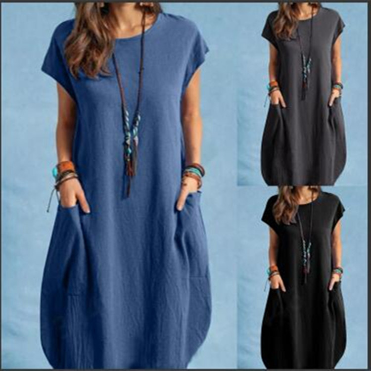 2024 Spring Ladies Casual Solid Color Short Sleeve Cotton and Linen Loose Pocket Dress