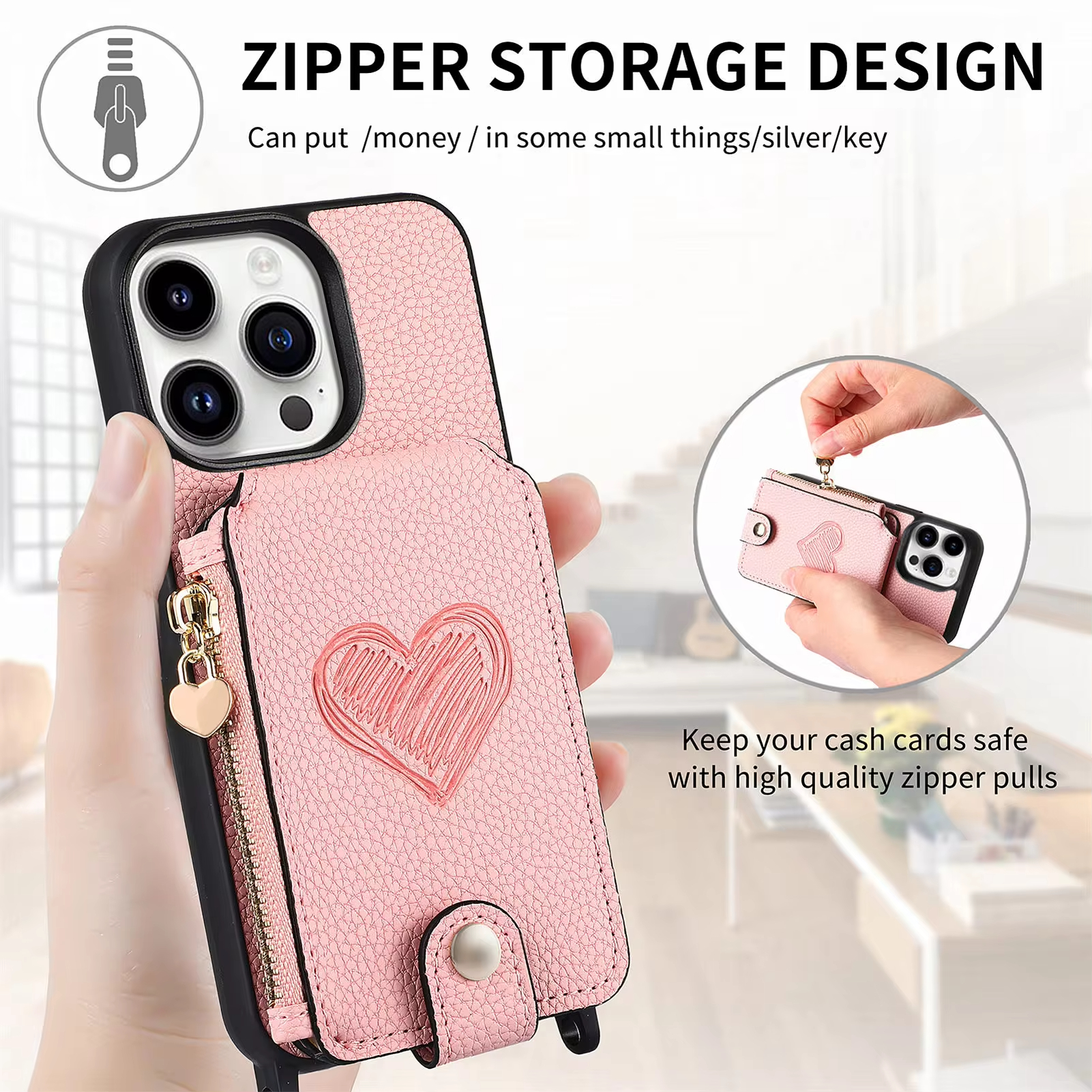Magnetic Crossbody Leather Zipper Wallet Card Phone Case for iPhone 15 Series