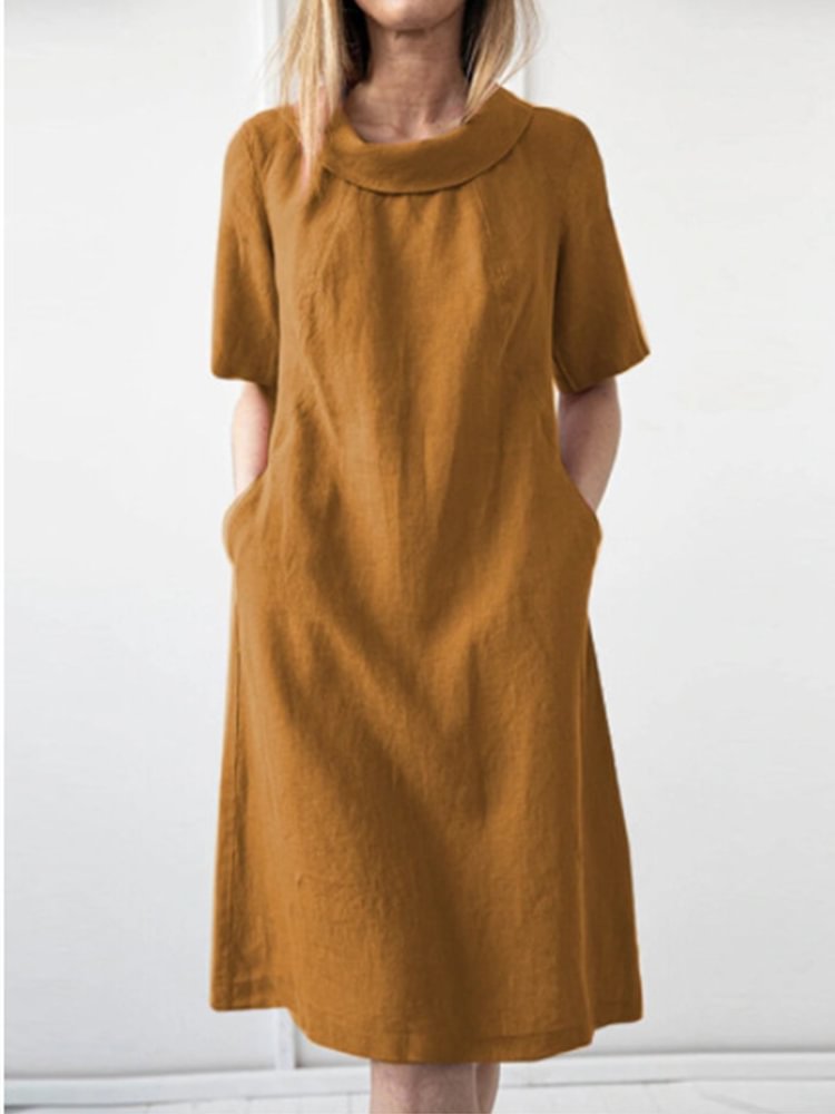 2024 Ladies Spring and Summer New Casual Loose Cotton and Linen Short Sleeve Round Neck Dress