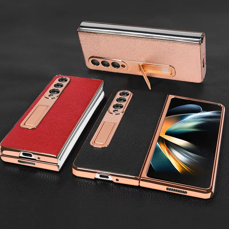 Luxury Leather Golden Plated Phone Case  With Hidden Bracket for Samsung Galaxy Z Fold 5/4/3