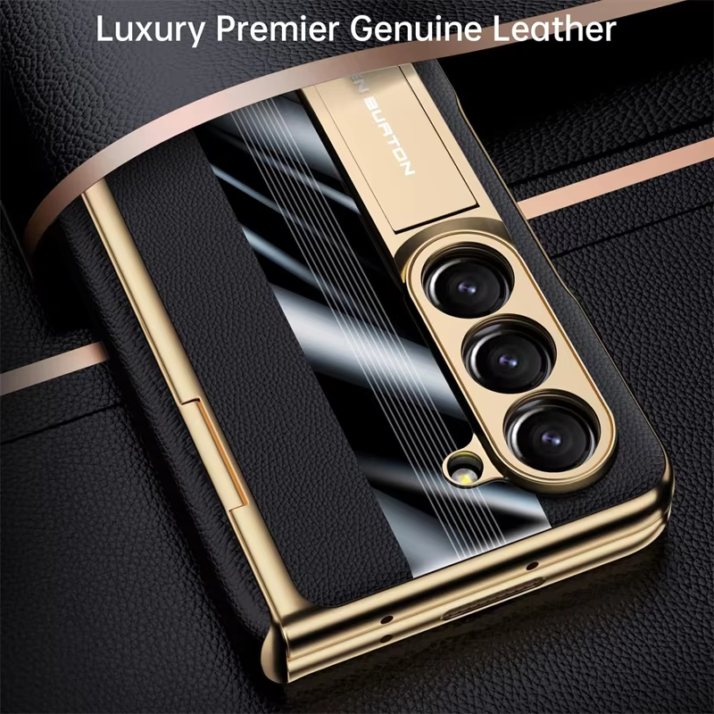 Luxury Genuine Leather Plating Stand Men's Protective Case with Screen Protector For Samsung Galaxy Z Fold 5