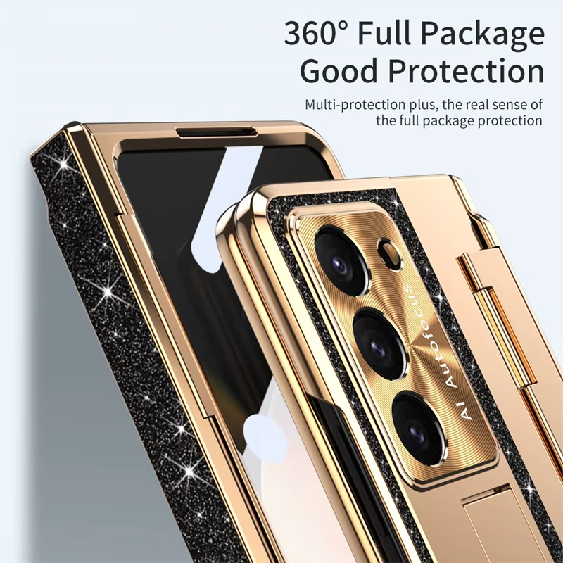 Leather Sparkle Magnetic Plating Hinge Phone Case With Screen Protector For Samsung Galaxy Z Fold 5/4/3