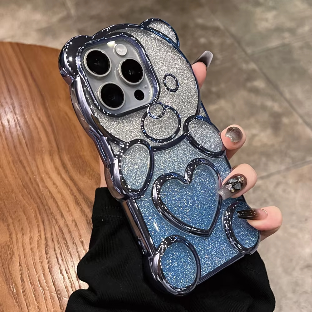Luxury 3D Love Heart Bear Transparent Glitter Gradient Case For iPhone Series