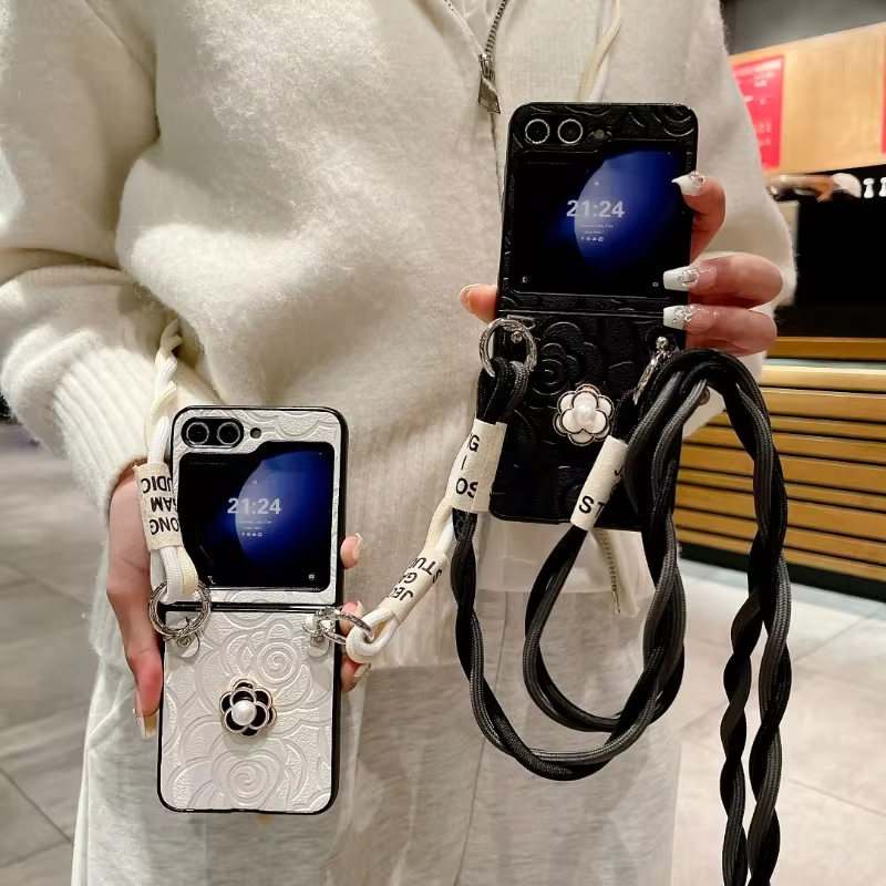 Crossbody Leather Flower Phone Case for Samsung Galaxy Z Flip 5 4 3