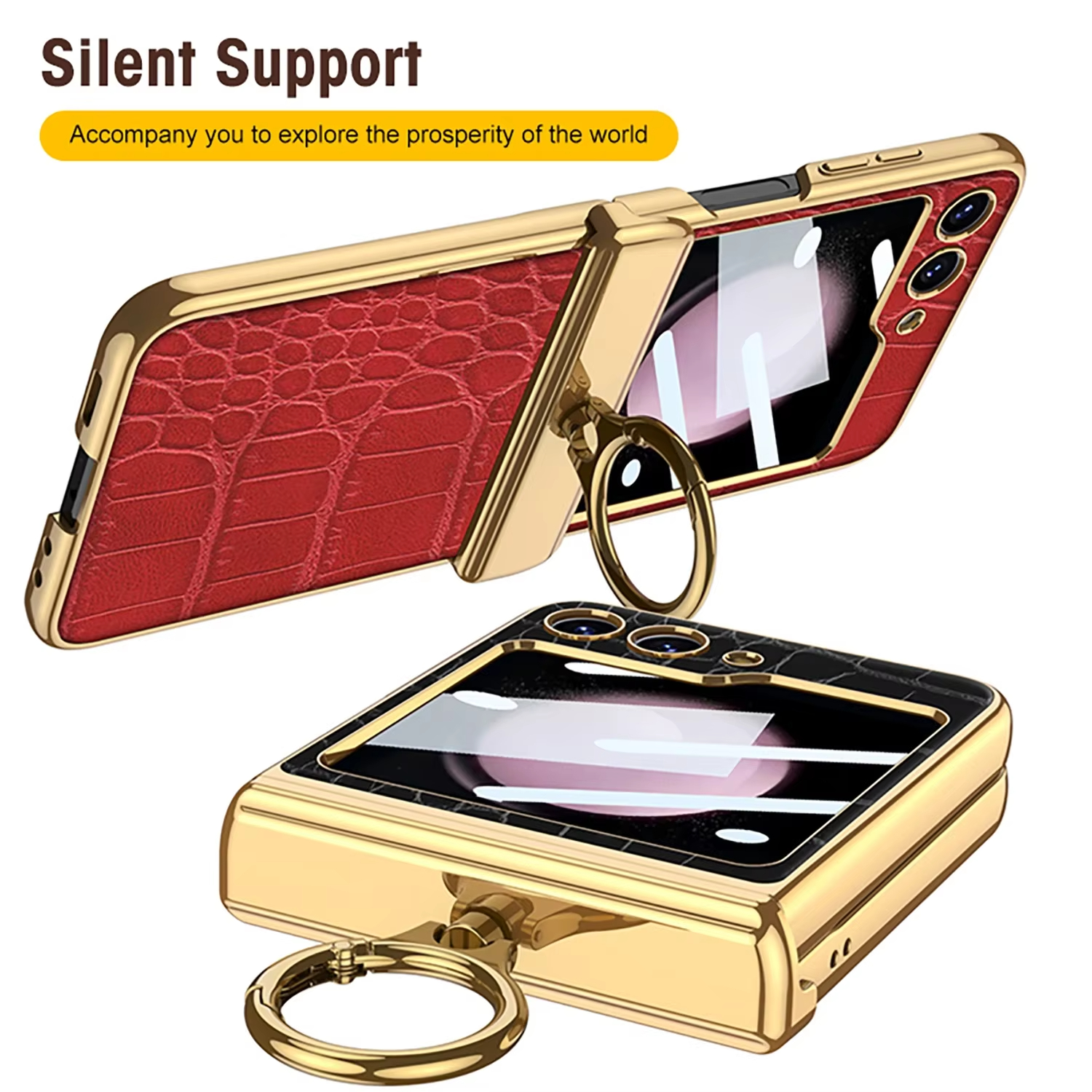 Electroplating Crocodile Skin PU Leather Ring Phone Case for Samsung Galaxy Z Flip 5 