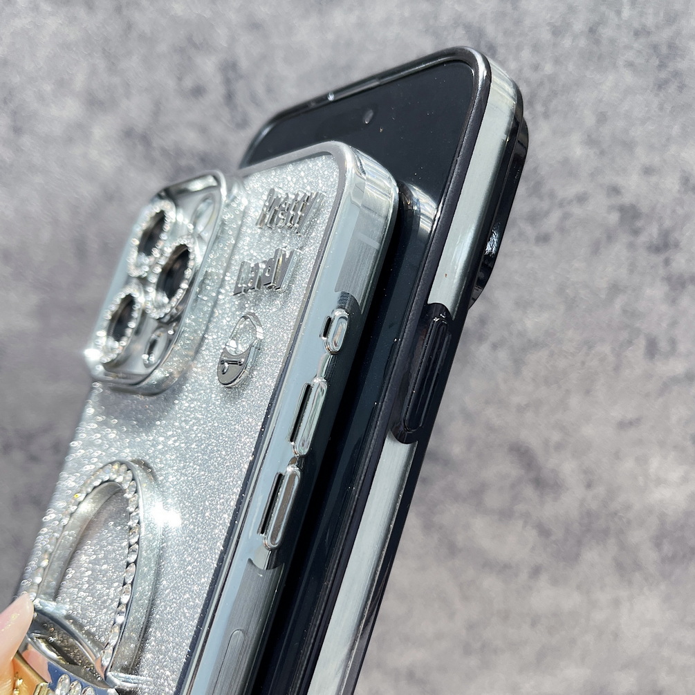 Electroplated Rhinestone Glitter Bag Holder Mirror Case for iPhone 16 15 14 13 12 11 Series