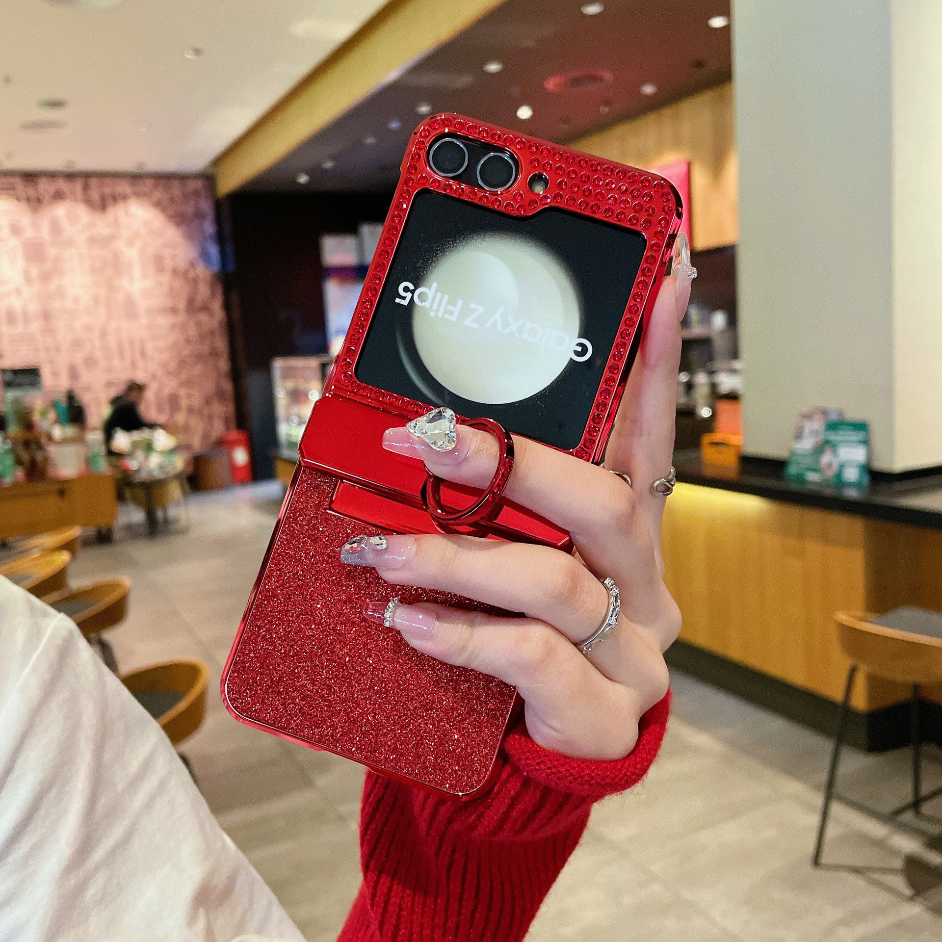  Luxury Red Glitter Diamond Ring Stand Case For Samsung Galaxy Z Flip