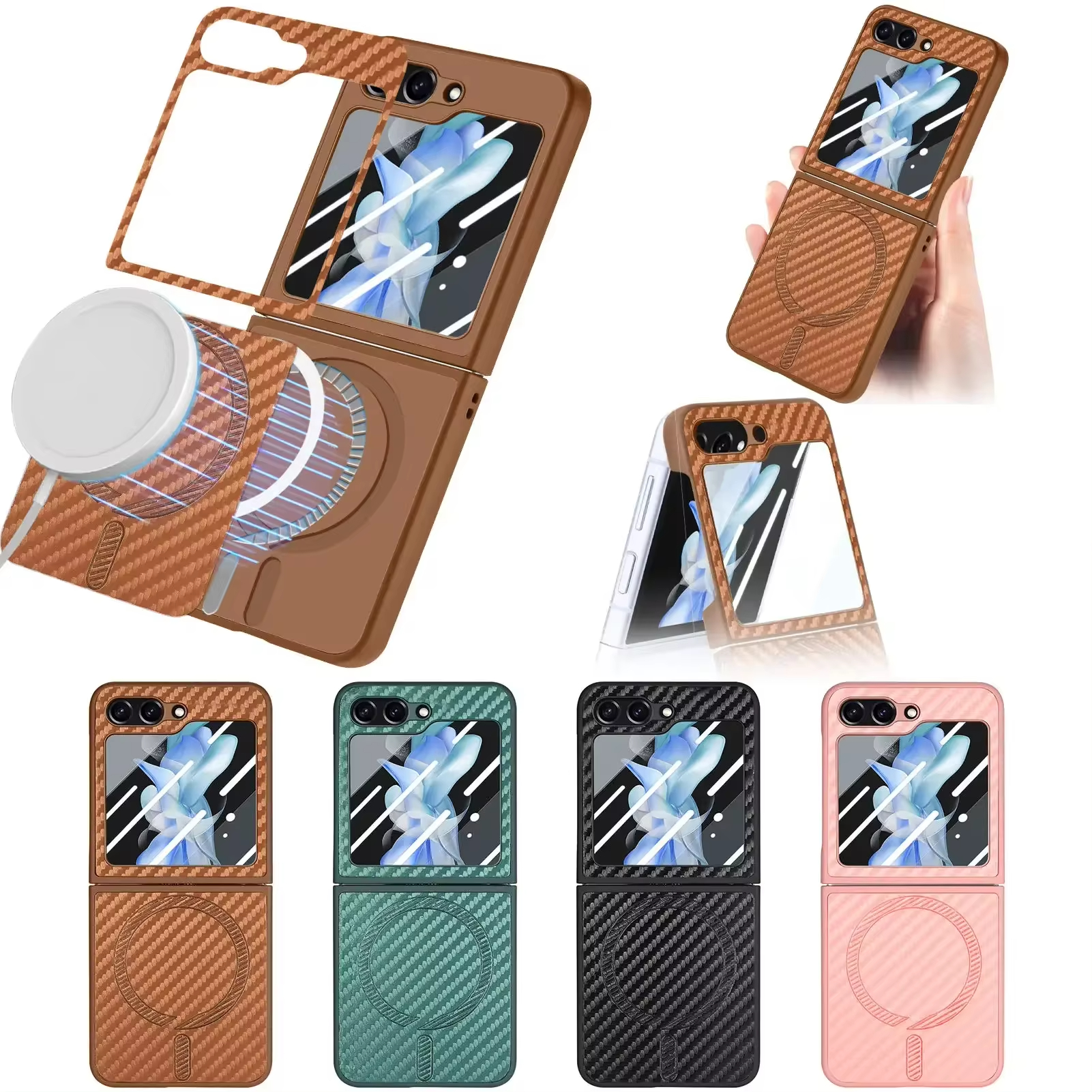 Magnetic Carbon Fiber Tempered Glass Case For Samsung Galaxy Z Flip 6 5 4 