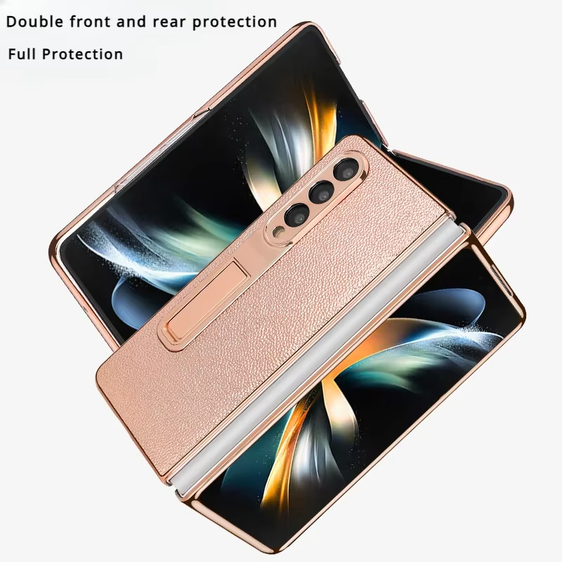 Luxury Leather Golden Plated Phone Case  With Hidden Bracket for Samsung Galaxy Z Fold 5/4/3