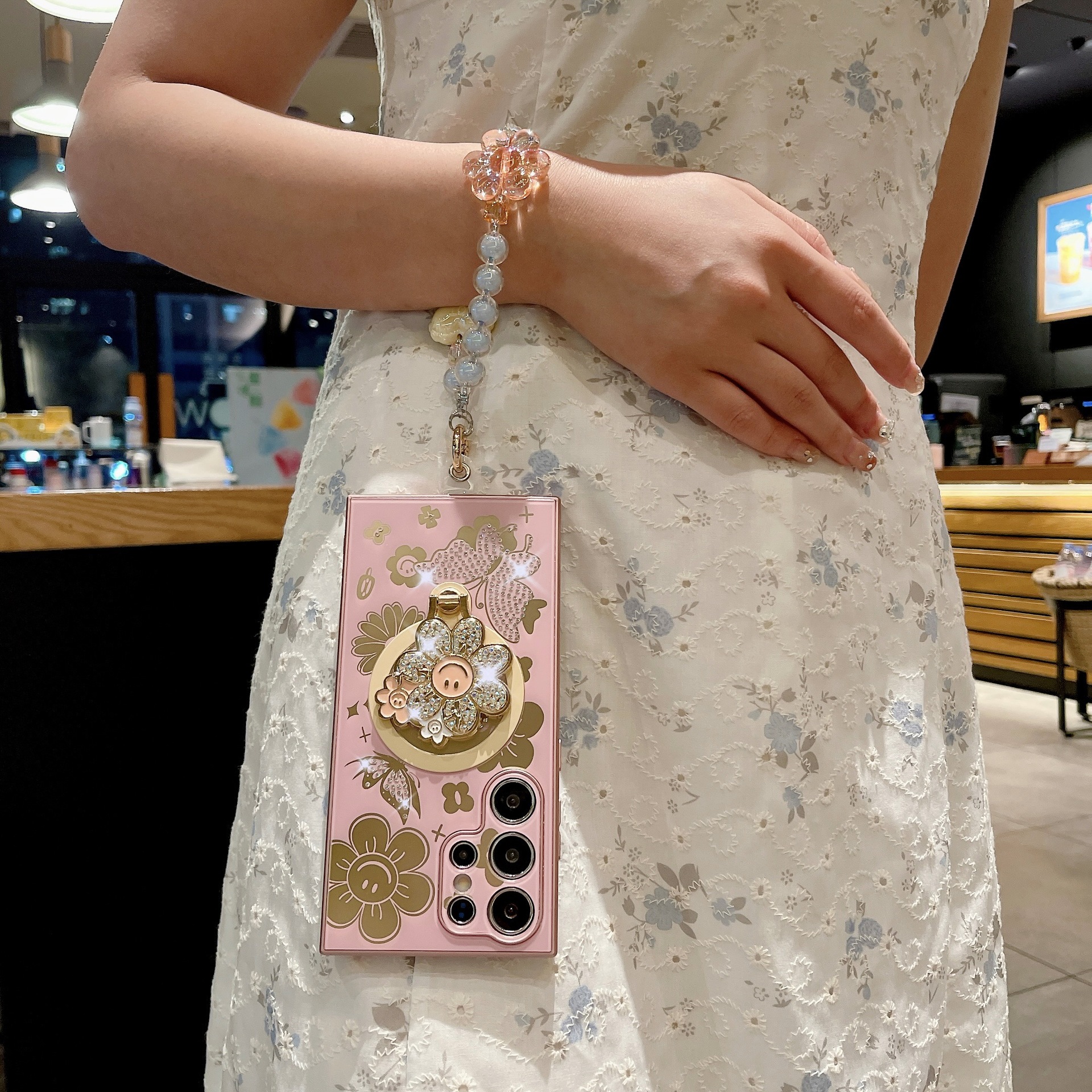 Rhinestone Smiling Sunflower Magnetic Holder Phone Case for Samsung Galaxy S24 S23 
