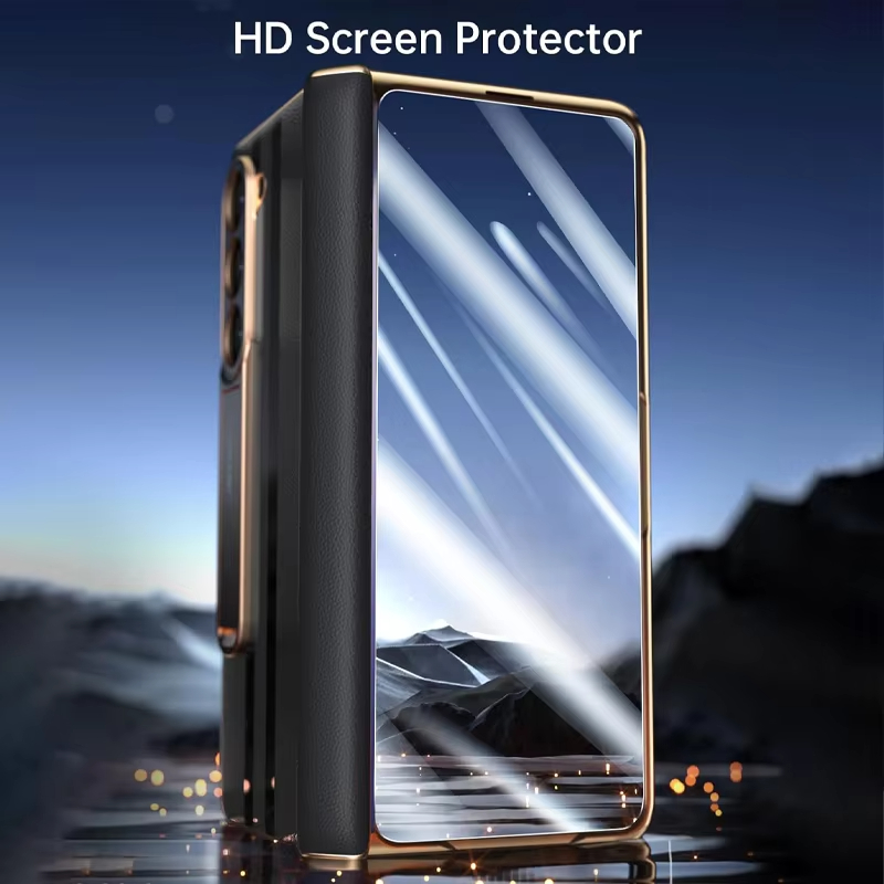 Luxury Genuine Leather Plating Stand Men's Protective Case with Screen Protector For Samsung Galaxy Z Fold 5