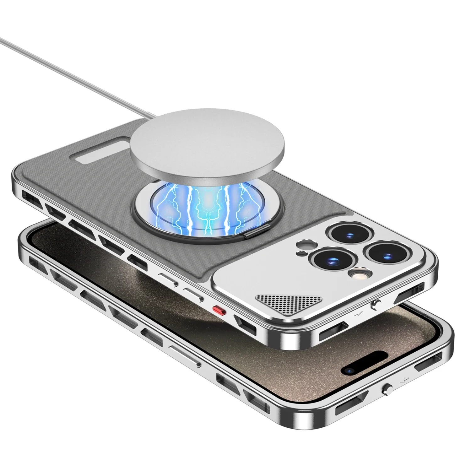 360° Rotating Stand Hollow Frame Luxury Aluminum Snap Phone Case For iPhone 15 14 13 Series