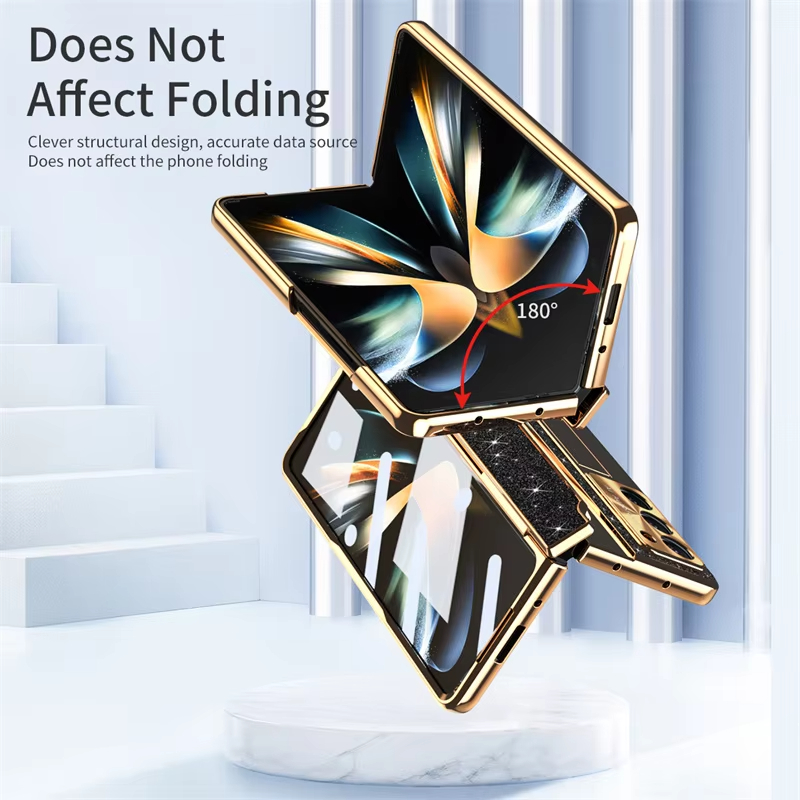 Leather Sparkle Magnetic Plating Hinge Phone Case With Screen Protector For Samsung Galaxy Z Fold 5/4/3