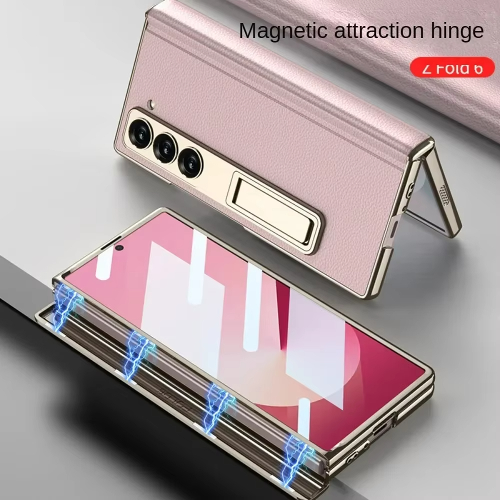 LLuxury Electroplated Matte Leather Bracket Magnetic Folding Hinge Case for Samsung Galaxy Z Fold 6 with Tempered Film Hard Cover