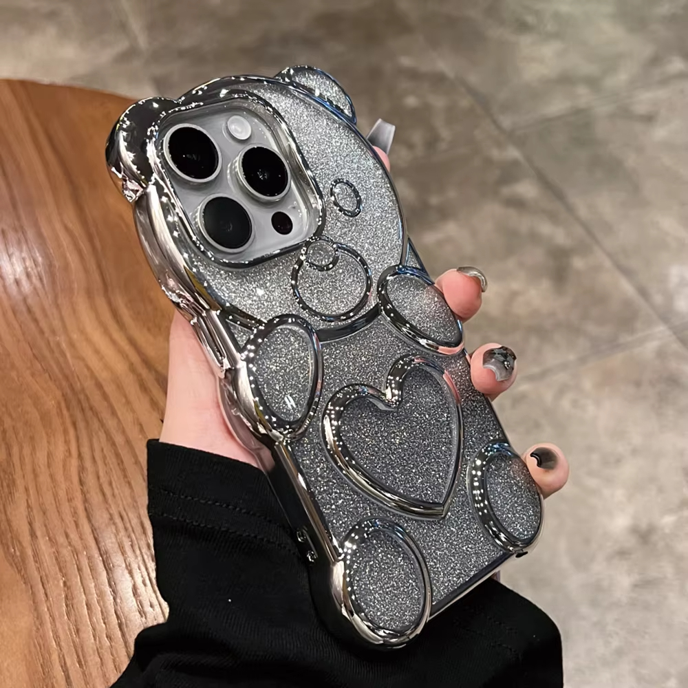 Luxury 3D Love Heart Bear Transparent Glitter Gradient Case For iPhone Series