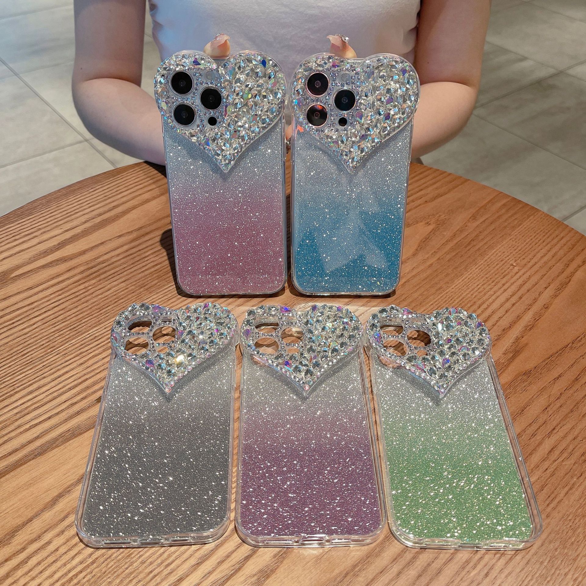 New Gradient Glitter Love Heart Rhinestone Phone Case For iPhone Series