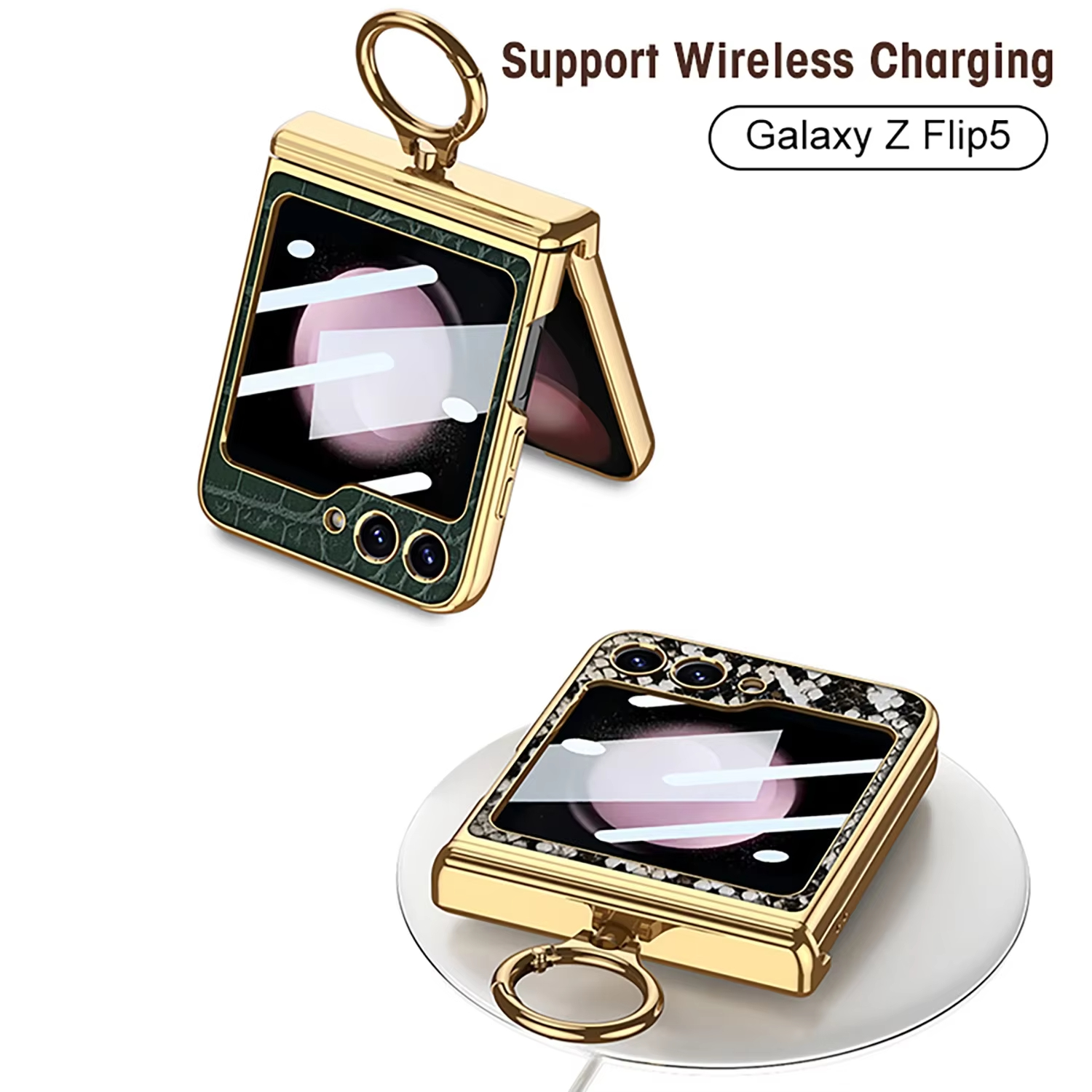 Electroplating Crocodile Skin PU Leather Ring Phone Case for Samsung Galaxy Z Flip 5 