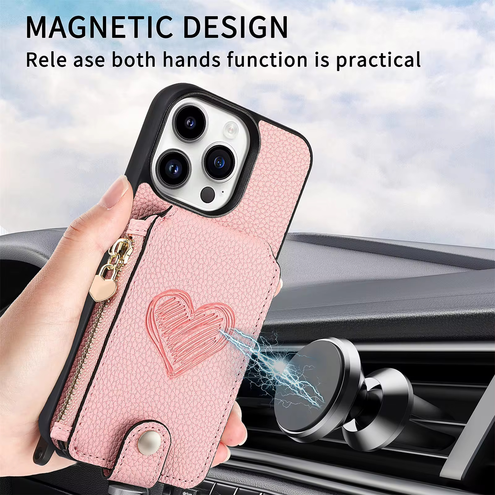 Magnetic Crossbody Leather Zipper Wallet Card Phone Case for iPhone 15 Series